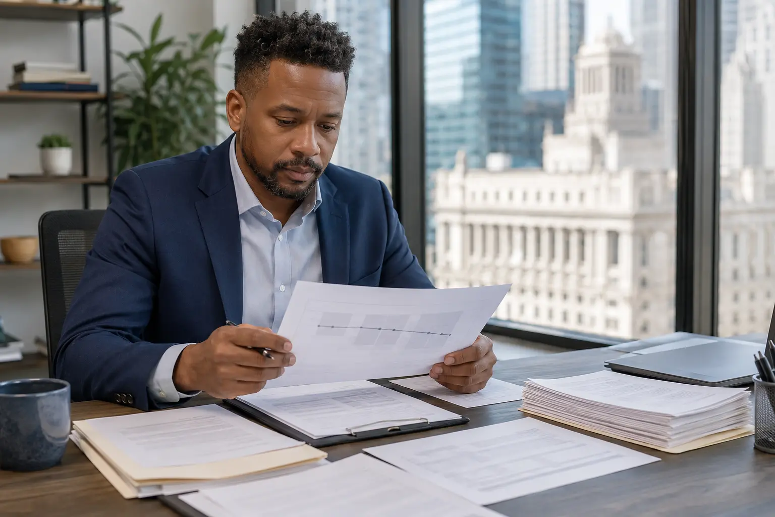 Chicago government vendor reviewing invoice and purchase-order records in a bright office
