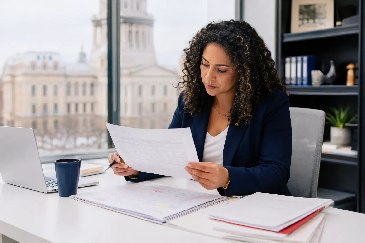 Government vendor reviewing an invoice and cash-flow calendar in a bright office