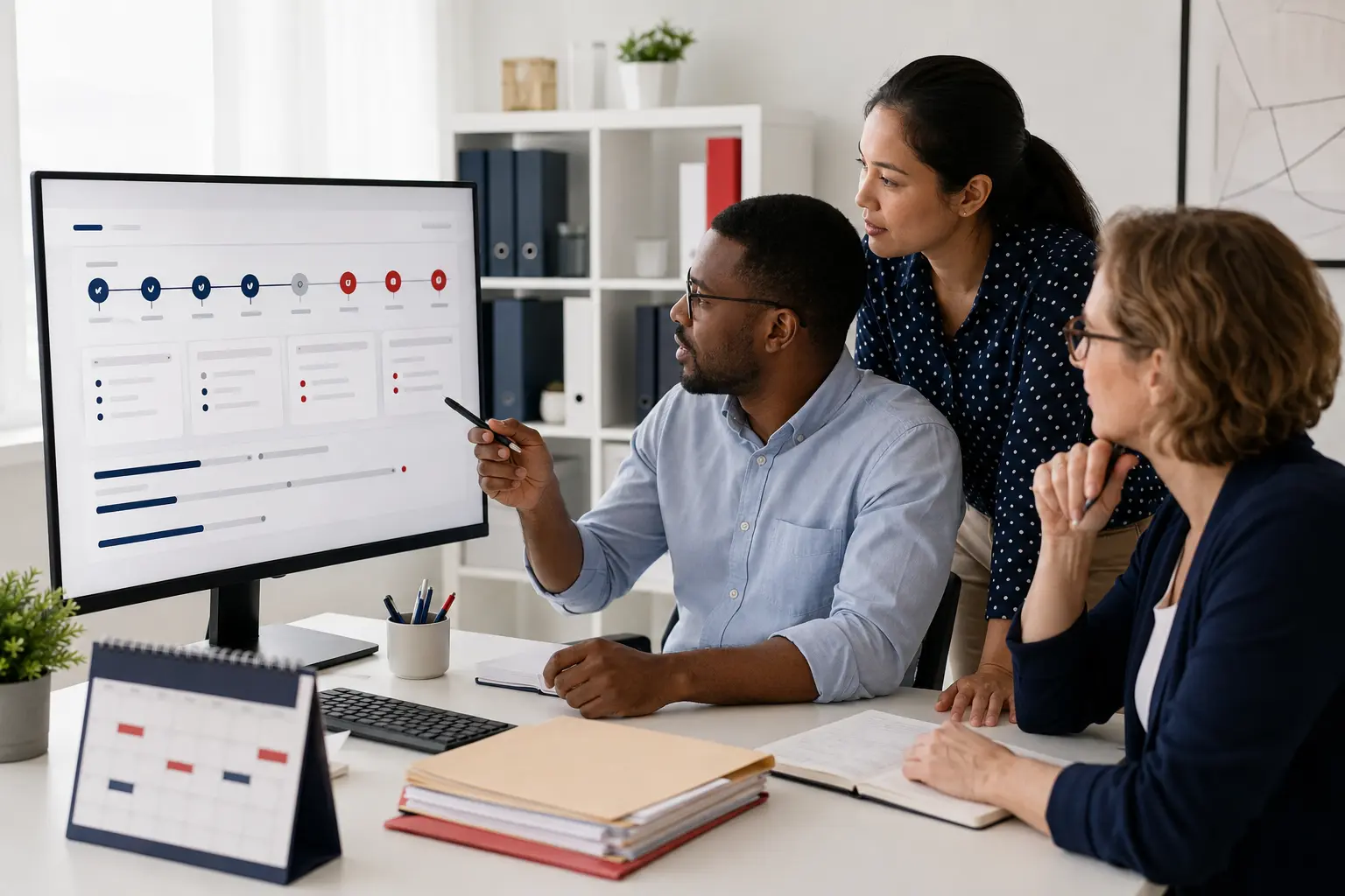 Vendor operations team reviewing an invoice status timeline on a digital dashboard