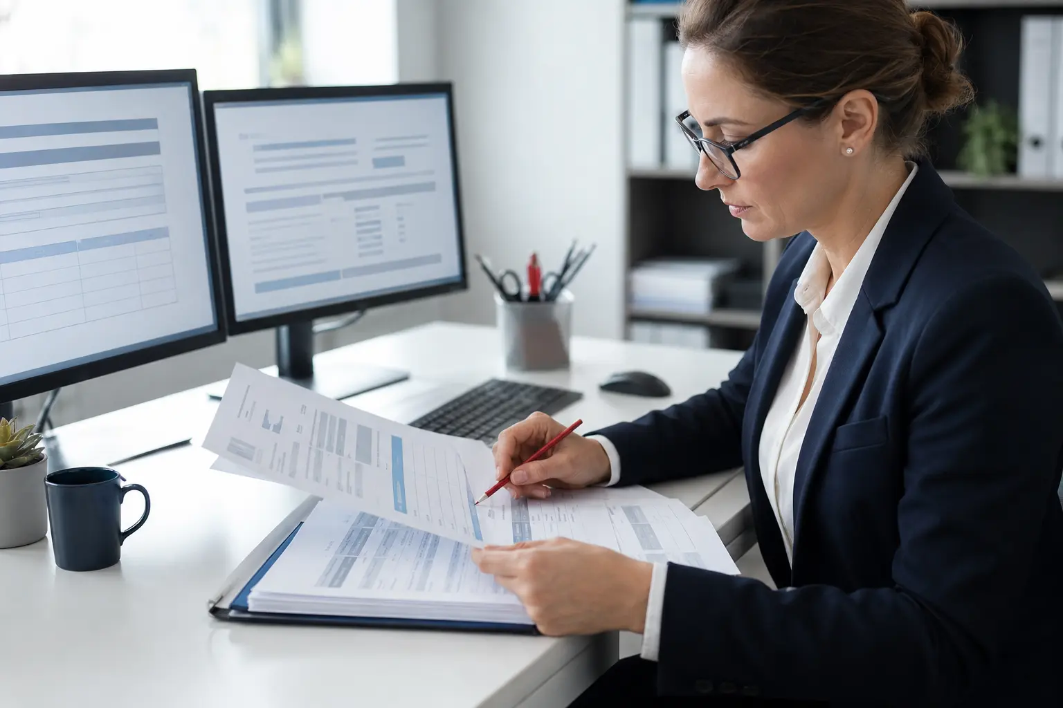 Finance professional checking an invoice against contract records on two monitors