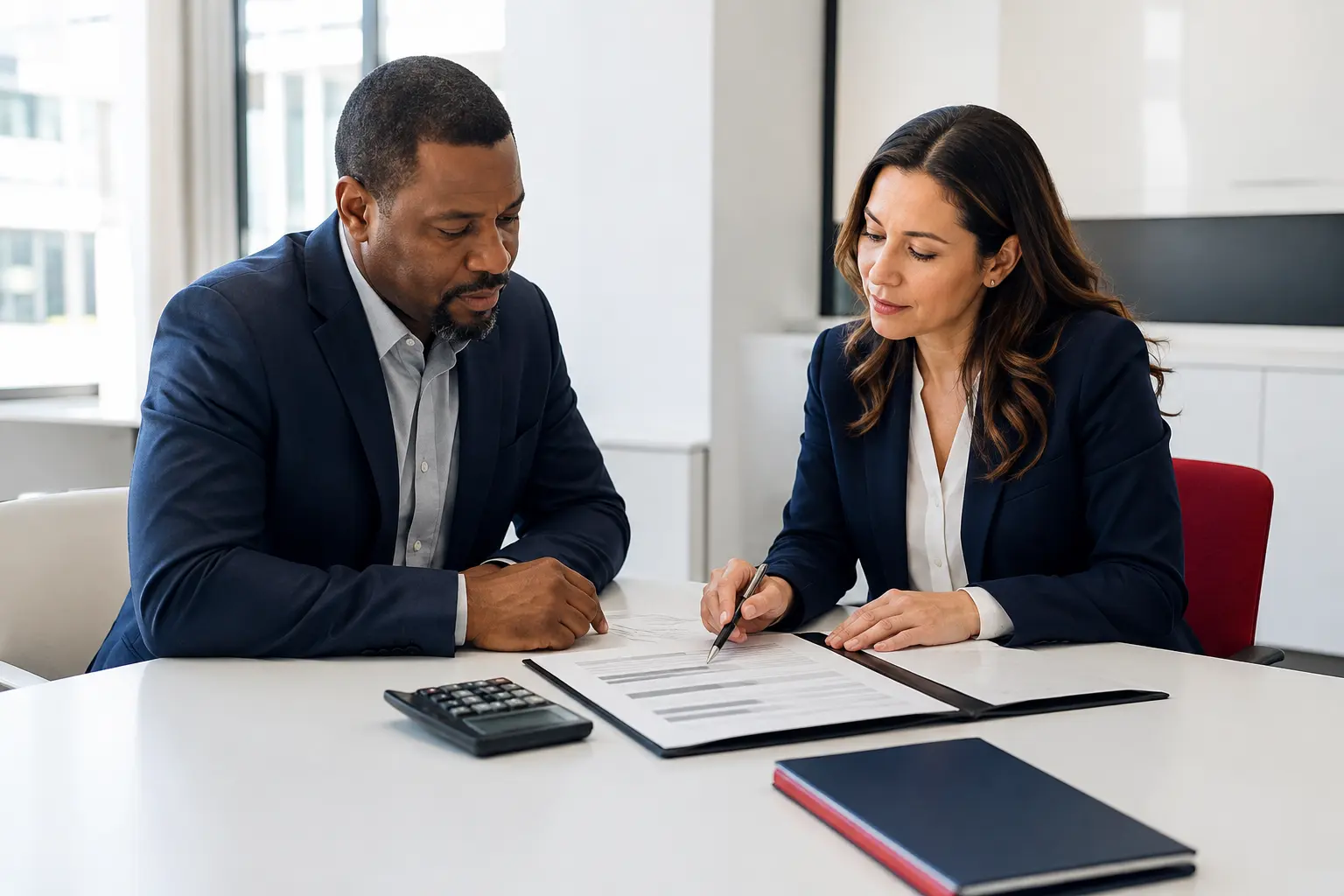 Government vendor reviewing an invoice financing agreement with a financial advisor