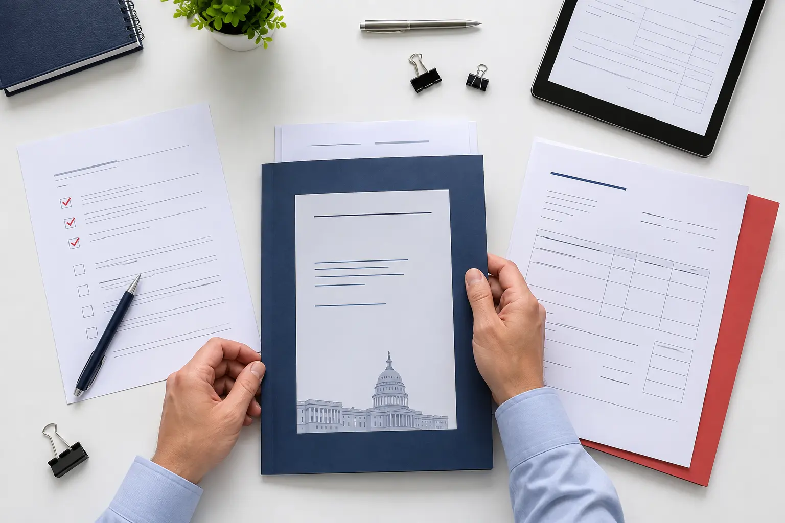 Organized government invoice packet with purchase order, checklist, tablet, and pen
