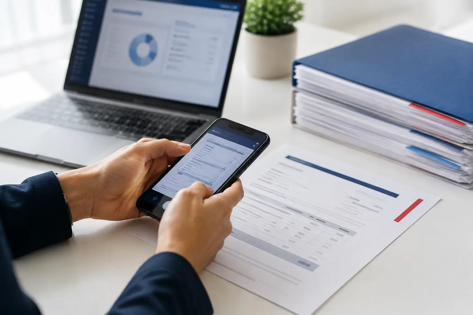 Government vendor scanning a paper invoice with a smartphone at a clean workspace