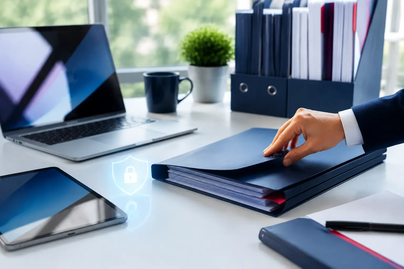 Secure digital document workspace with a subtle lock symbol and organized invoice files