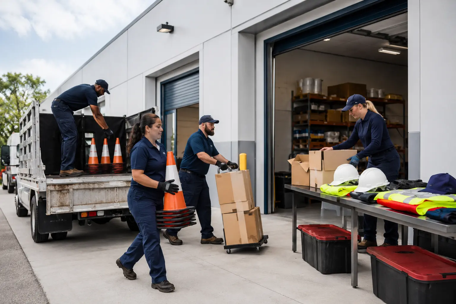 Government contractor team preparing equipment and materials for the next public project